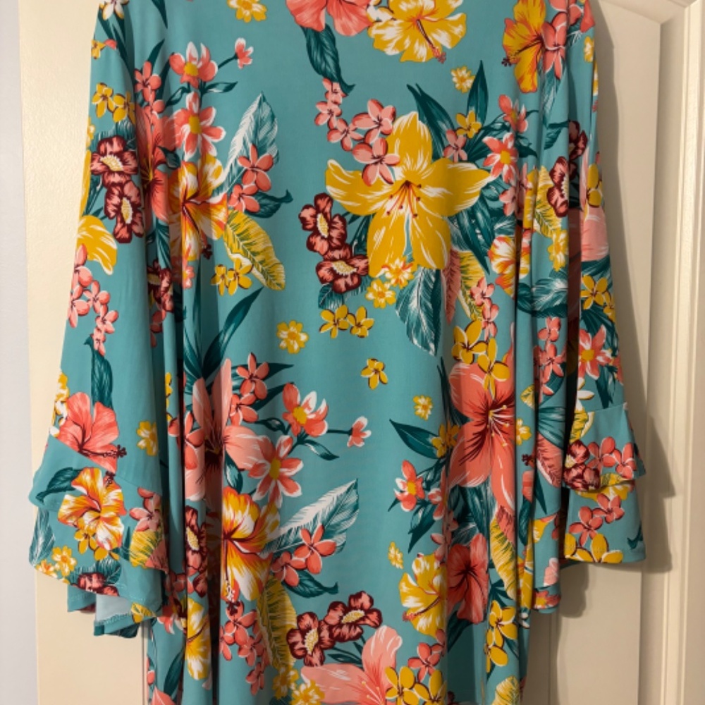 Caribbean Floral Scoop Neck Women’s Top - Turquoise Coral Yellow - Ruby Rd - Picture 2 of 3
